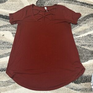 Red shirt with cross cross detail